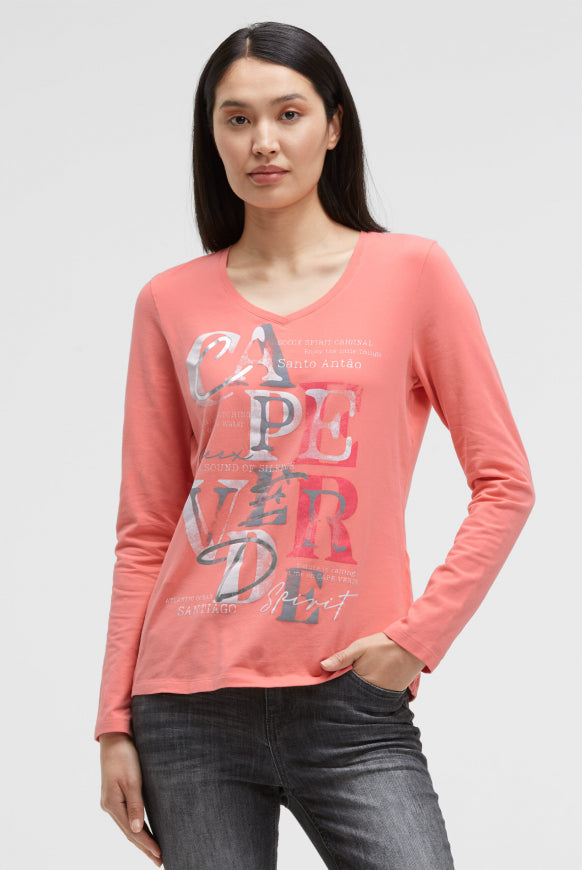SOCCX Langarmshirt mit V-Ausschnitt und Wording Print
