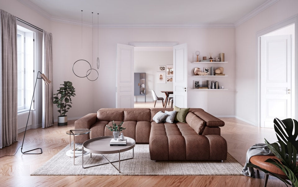 Ecksofa Orion von Cotta – Modernes Sofa mit verstellbaren Kopflehnen,Dark Beige Mikrofaserbezug, Nosagfederung