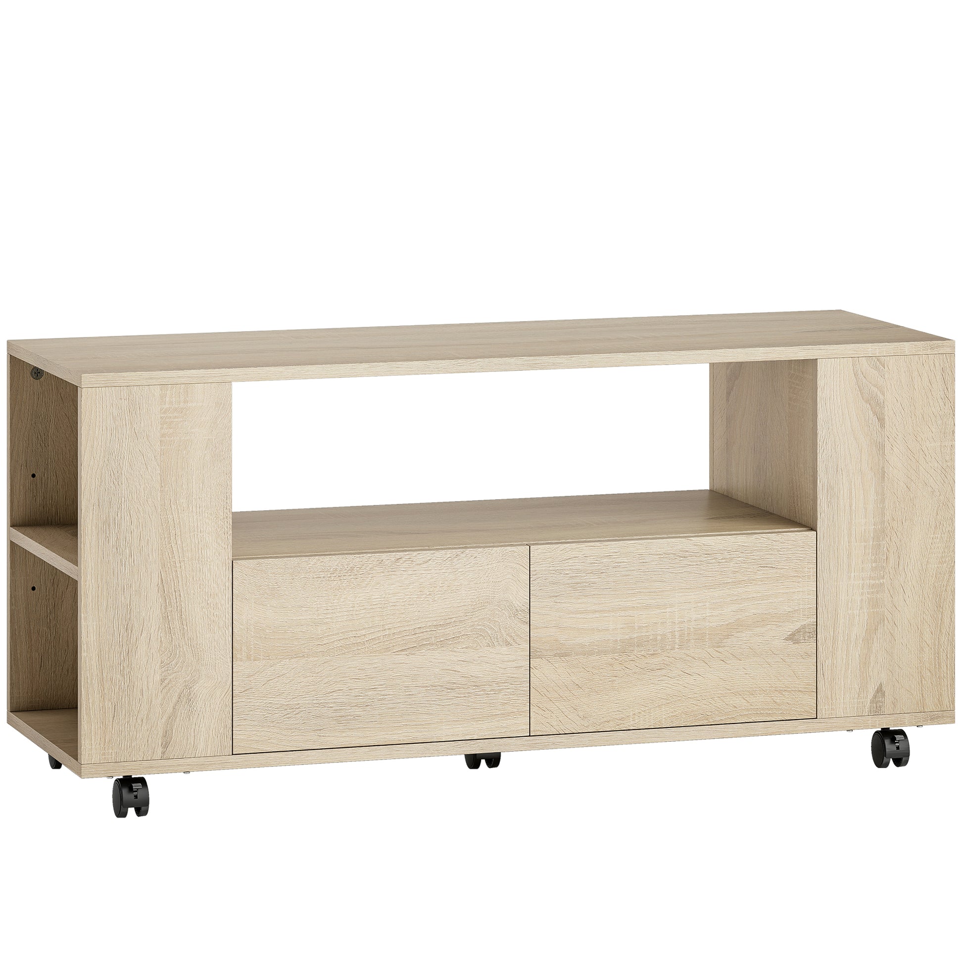HOMCOM TV-Möbel bis 106.68 cm, TV-Schrank mit drehbaren Rollen & Feststellbremse, verstellbare Regale & Schubladen, für Wohnzimmer, 102x34.5x48.5 cm, Naturholz   Aosom