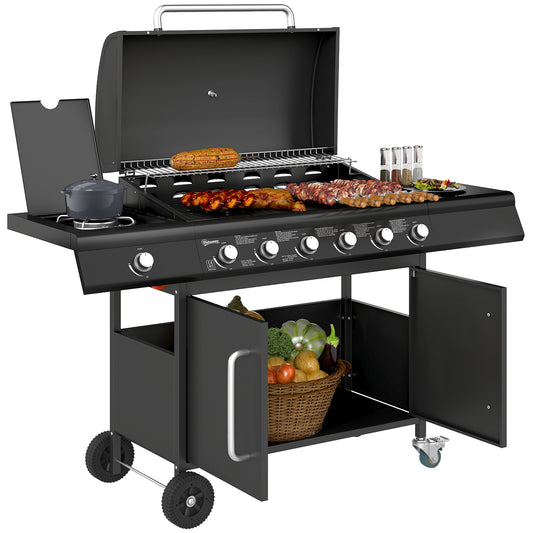 Outsunny Gasgrill 21,2 KW 6+1 Brenner BBQ Grillwagen aus Edelstahl inkl Rolle Seitenbrenner Thermometer Grillrost Kochfeld Seitentisch Gas-Grill für Balkon Camping 144,5 x 56 x 110cm   Aosom