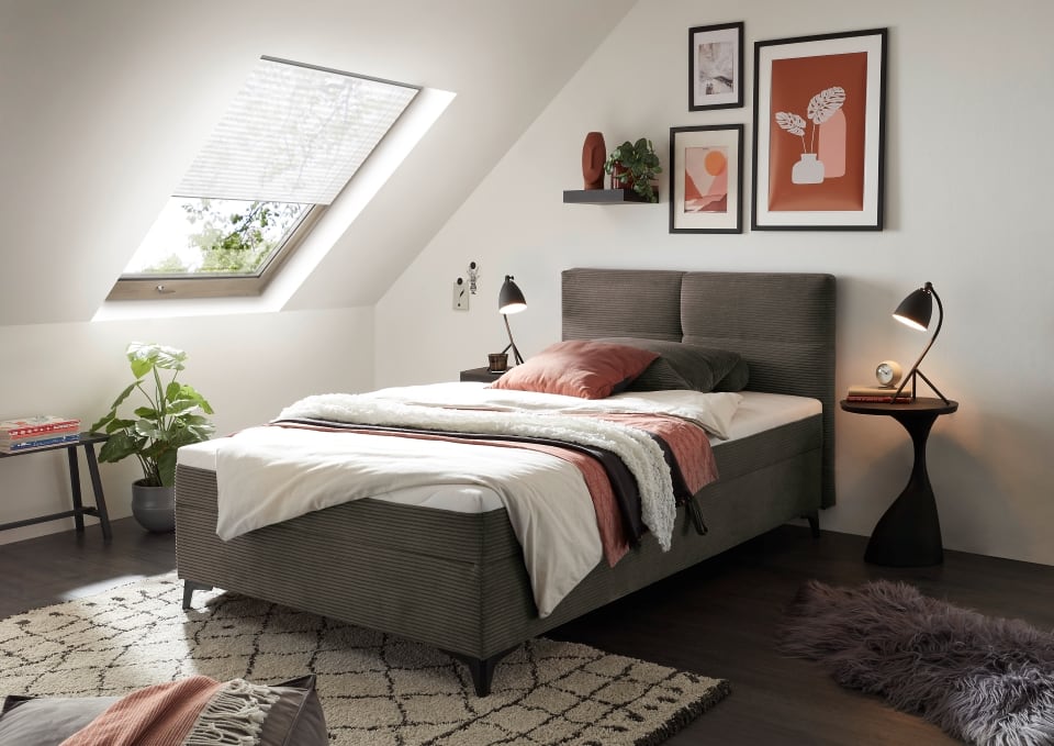 Boxbett Andon 120x200 cm mit Bettkasten Farbe Mocca – ED Exciting Design, Zoom Breitcord, Bonell-Federkern und Schaumtopper