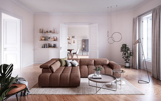 Ecksofa Orion von Cotta – Modernes Sofa mit verstellbaren Kopflehnen Farbe Cinnamon, Mikrofaserbezug, Nosagfederung