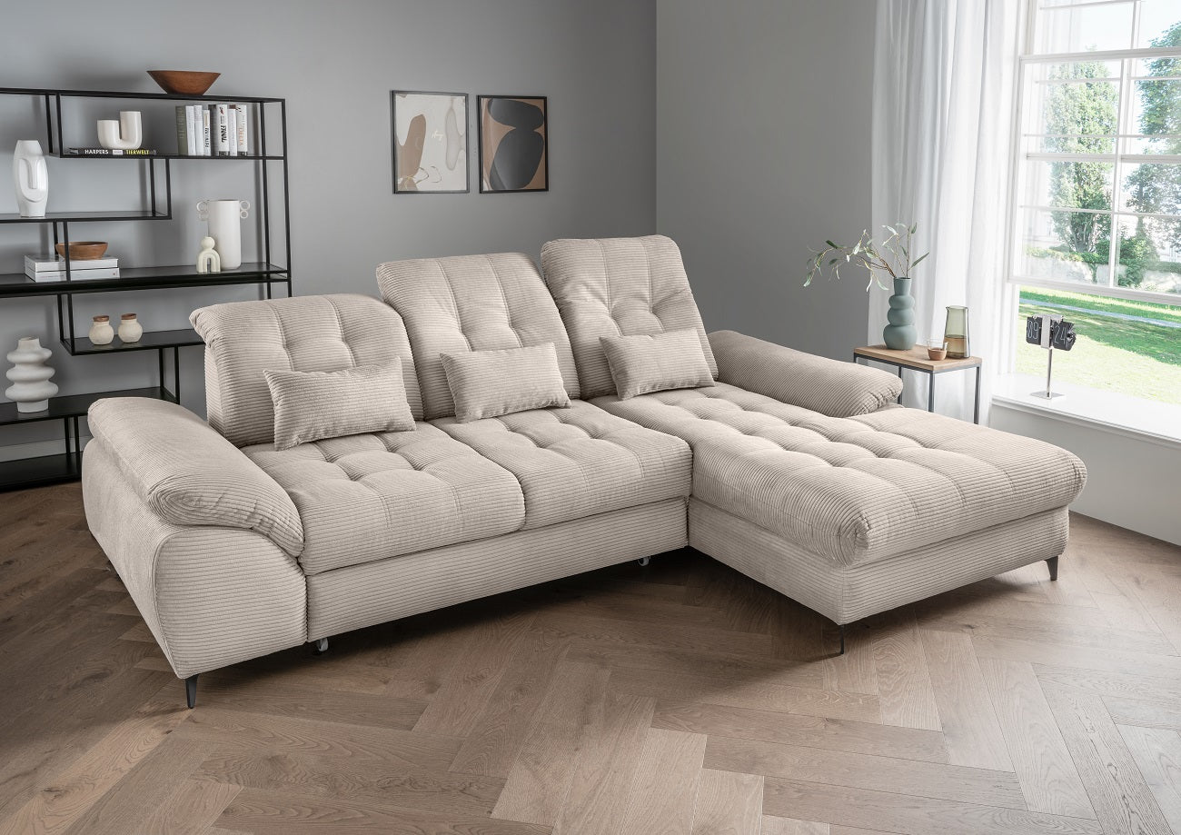 Das Ecksofa Modell Delphino in Cord  - Schlaffunktion und Bettkasten inklusive