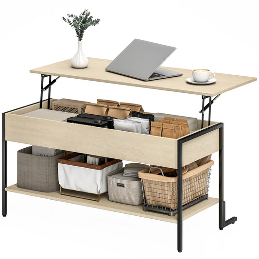 HOMCOM Couchtisch mit höhenverstellbarer Platte, industrieller Wohnzimmertisch mit verstecktem Fach und offenem Regal, für Wohnzimmer, Büro, 95 x 40 x 59 cm, Naturholzoptik   Aosom