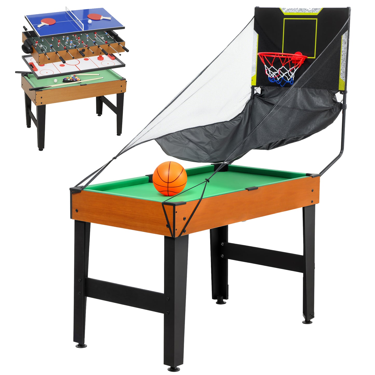 SPORTNOW 5-in-1 Multi Spieltisch Multifunktionstisch mit Tischtennis Billardtisch Tischfußball Hockey Basketball Kickertisch inkl Zubehör Spieletisch für Spielzimmer Bars Partys für Kinder Erwachsene   Aosom