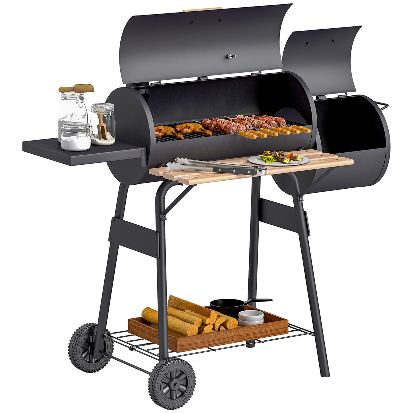 Outsunny® Smoker Grill BBQ Holzkohlengrill Grillwagen mit 2 x Brennkammer Schornstein   Aosom