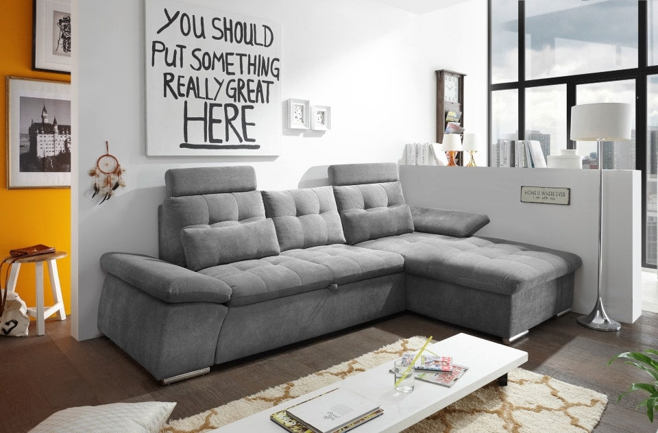 ED Exciting Design Nalo – Modernes Schlafsofa mit Bettkasten, verstellbaren Armlehnen und luxuriöser Uran Mikrofaser. Inklusive zwei Kopfstützen, in verschiedenen Farben wählbar
