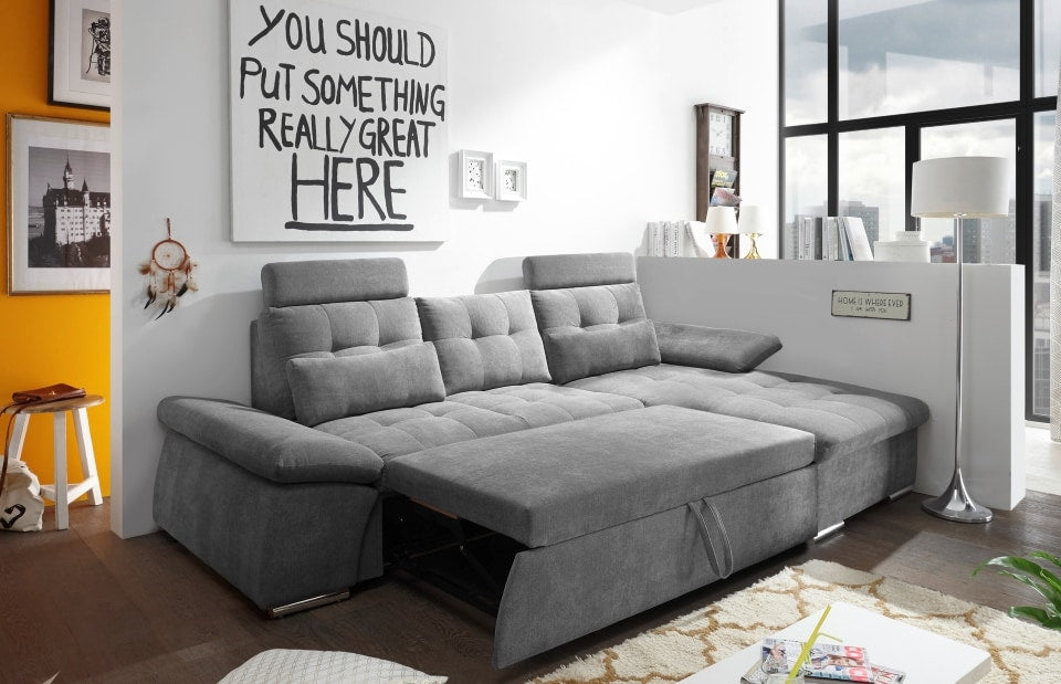 ED Exciting Design Nalo – Modernes Schlafsofa mit Bettkasten, verstellbaren Armlehnen und luxuriöser Uran Mikrofaser. Inklusive zwei Kopfstützen, in verschiedenen Farben wählbar