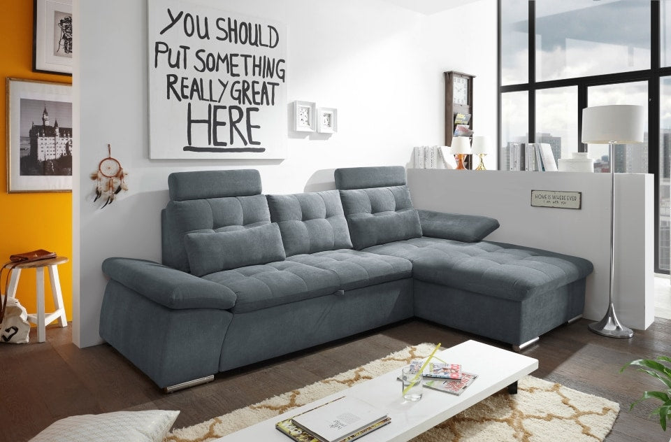 ED Exciting Design Nalo – Modernes Schlafsofa mit Bettkasten, verstellbaren Armlehnen und luxuriöser Uran Mikrofaser. Inklusive zwei Kopfstützen, in verschiedenen Farben wählbar