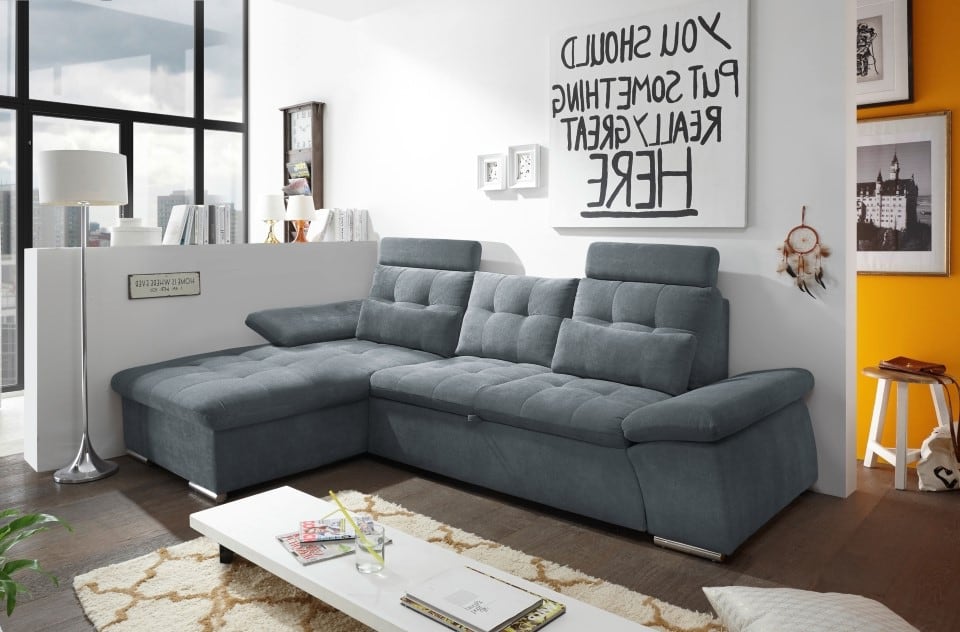 ED Exciting Design Nalo – Modernes Schlafsofa mit Bettkasten, verstellbaren Armlehnen und luxuriöser Uran Mikrofaser. Inklusive zwei Kopfstützen, in verschiedenen Farben wählbar