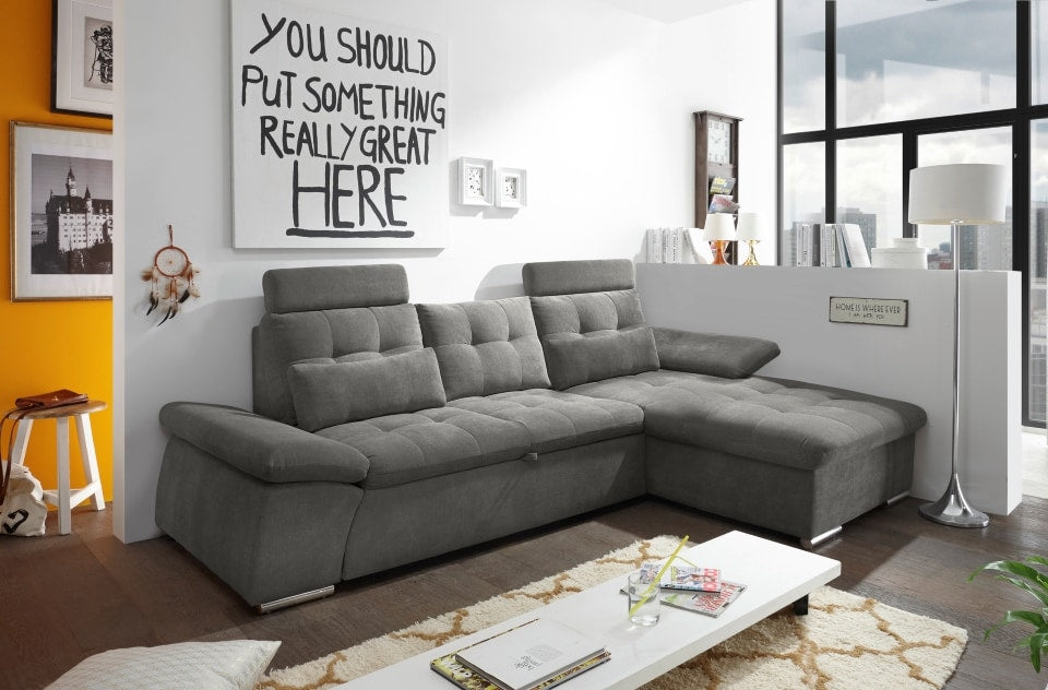 ED Exciting Design Nalo – Modernes Schlafsofa mit Bettkasten, verstellbaren Armlehnen und luxuriöser Uran Mikrofaser. Inklusive zwei Kopfstützen, in verschiedenen Farben wählbar