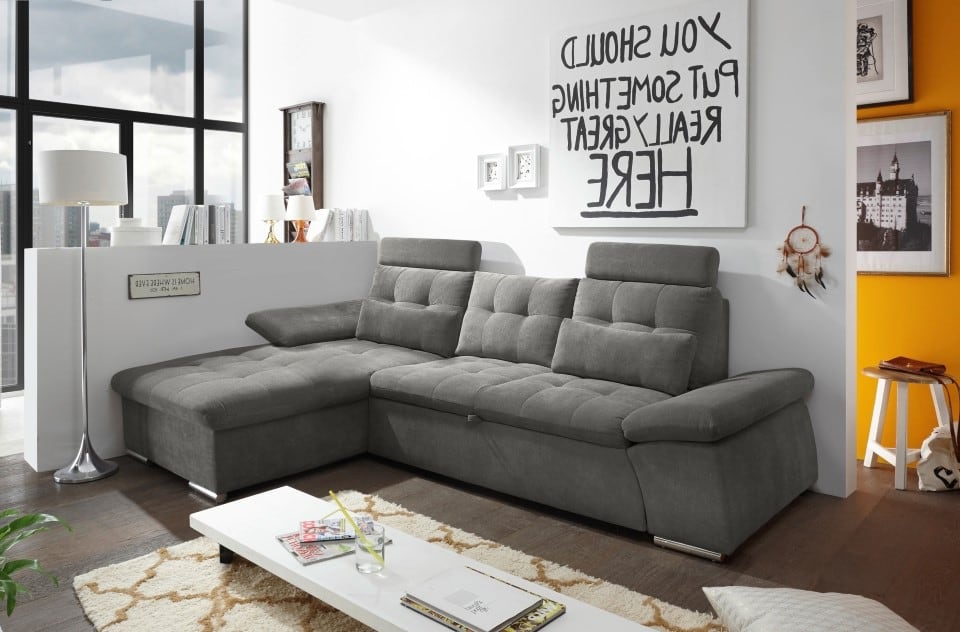 ED Exciting Design Nalo – Modernes Schlafsofa mit Bettkasten, verstellbaren Armlehnen und luxuriöser Uran Mikrofaser. Inklusive zwei Kopfstützen, in verschiedenen Farben wählbar