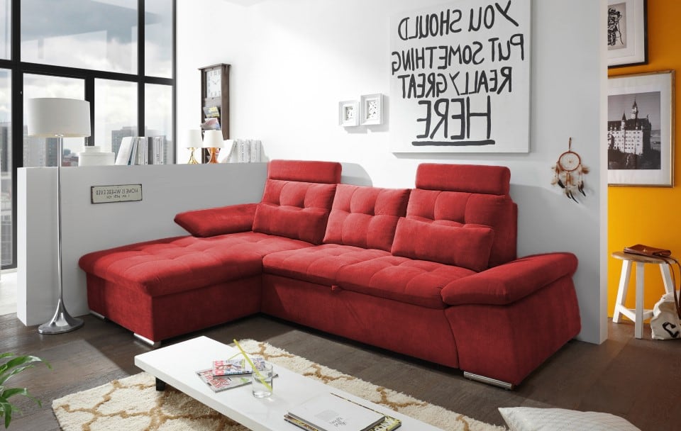 ED Exciting Design Nalo – Modernes Schlafsofa mit Bettkasten, verstellbaren Armlehnen und luxuriöser Uran Mikrofaser. Inklusive zwei Kopfstützen, in verschiedenen Farben wählbar