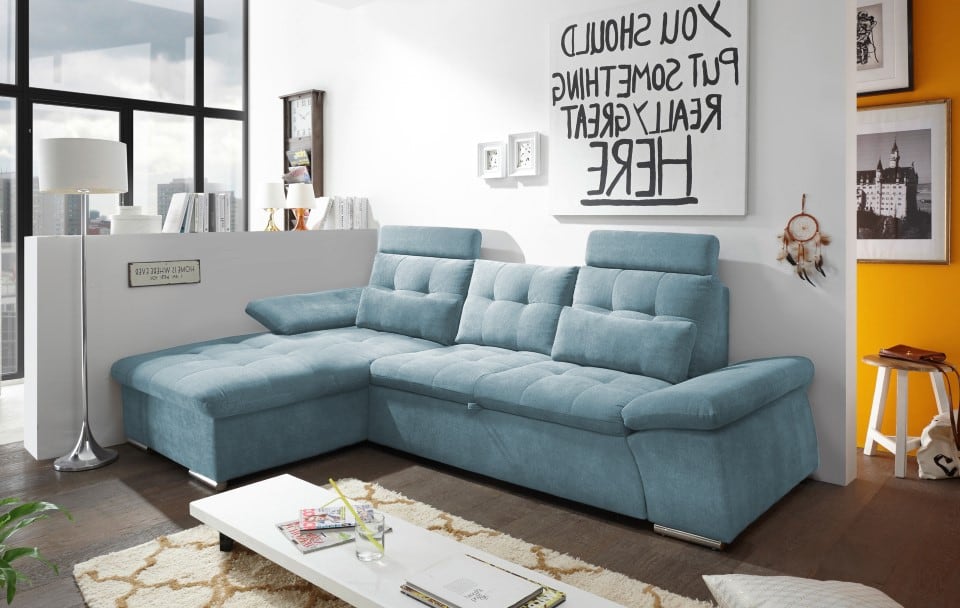 ED Exciting Design Nalo – Modernes Schlafsofa mit Bettkasten, verstellbaren Armlehnen und luxuriöser Uran Mikrofaser. Inklusive zwei Kopfstützen, in verschiedenen Farben wählbar