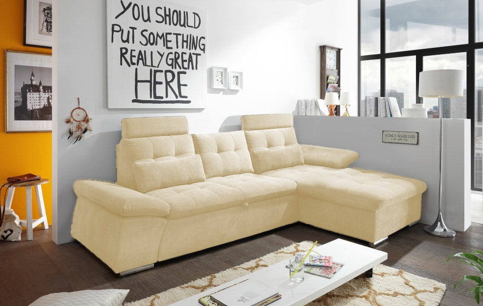 ED Exciting Design Nalo – Modernes Schlafsofa mit Bettkasten, verstellbaren Armlehnen und luxuriöser Uran Mikrofaser. Inklusive zwei Kopfstützen, in verschiedenen Farben wählbar