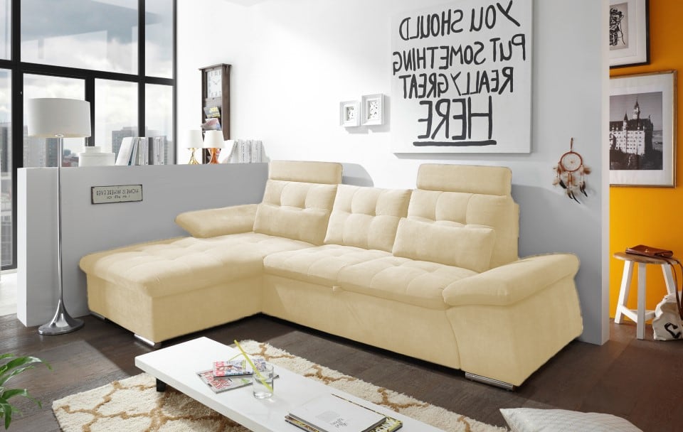 ED Exciting Design Nalo – Modernes Schlafsofa mit Bettkasten, verstellbaren Armlehnen und luxuriöser Uran Mikrofaser. Inklusive zwei Kopfstützen, in verschiedenen Farben wählbar