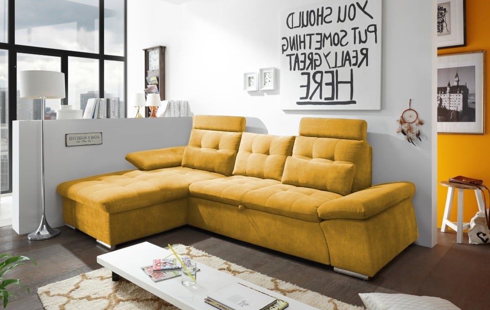 ED Exciting Design Nalo – Modernes Schlafsofa mit Bettkasten, verstellbaren Armlehnen und luxuriöser Uran Mikrofaser. Inklusive zwei Kopfstützen, in verschiedenen Farben wählbar
