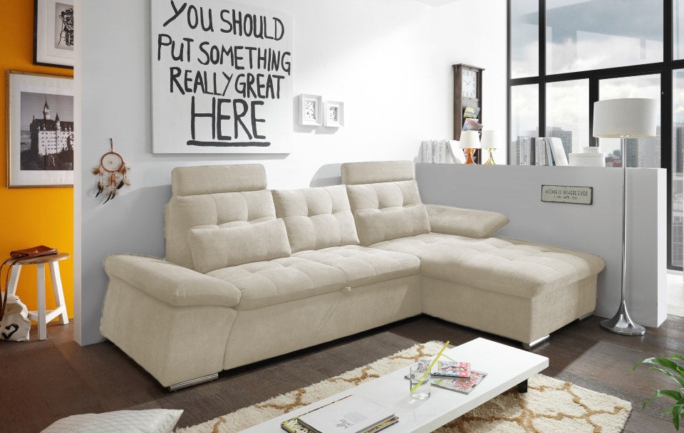 ED Exciting Design Nalo – Modernes Schlafsofa mit Bettkasten, verstellbaren Armlehnen und luxuriöser Uran Mikrofaser. Inklusive zwei Kopfstützen, in verschiedenen Farben wählbar