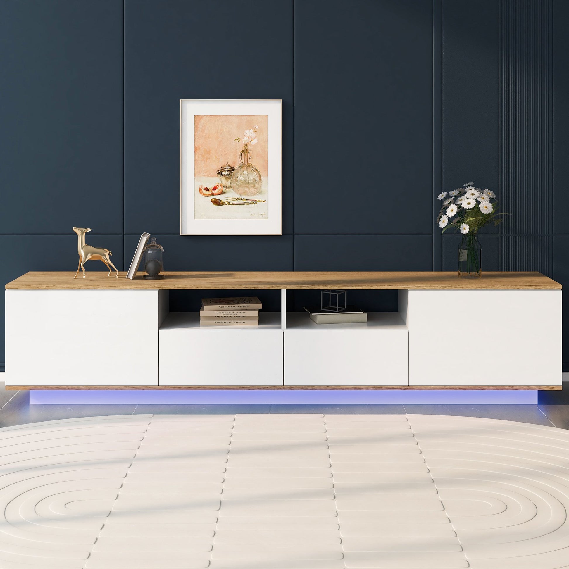 Lowboard, 80 Zoll TV-Schrank, Weiß TV-Ständer, mit LED-Beleuchtung, 2 Schränke 2 Schubladen 2 offene Regale 180x40x50cm Weiß+Naturfarbe   Aosom.de