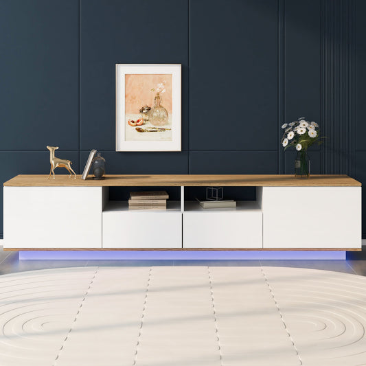 Lowboard, 80 Zoll TV-Schrank, Weiß TV-Ständer, mit LED-Beleuchtung, 2 Schränke 2 Schubladen 2 offene Regale 180x40x50cm Weiß+Naturfarbe   Aosom.de