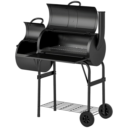 Outsunny Holzkohlegrill aus Stahl BBQ Smoker mit Deckel Thermometer Räder Ablage fahrbar Grillwagen mit Luftzufuhr Kohlewanne, Kohlegrill Kohlegrillwagen für Barbeque Camping, Garten 109x60x120 cm   Aosom