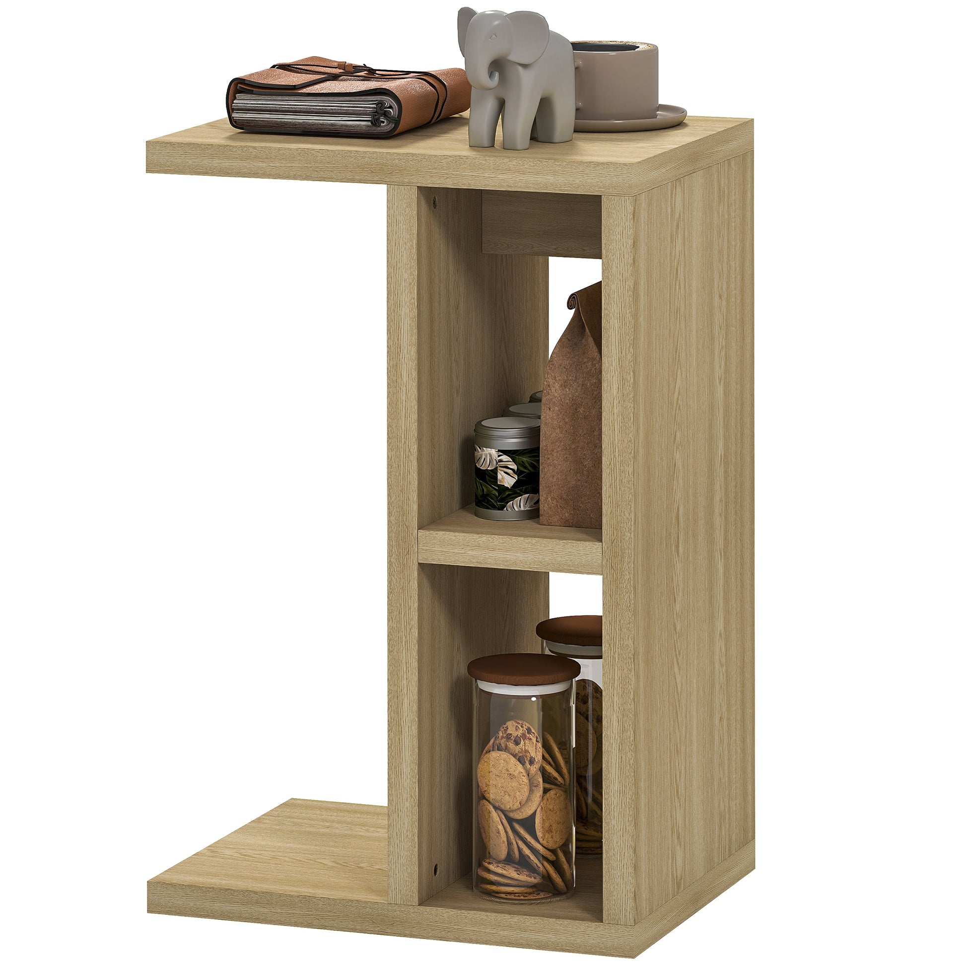 HOMCOM Beistelltisch 3 Ebenen, C-förmig mit 2 offenen Fächern, Couchtisch für Wohnzimmer, Schlafzimmer, 40 x 29,8 x 60 cm, Eiche   Aosom