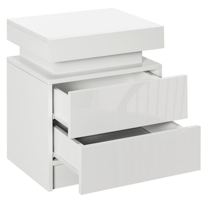 HOMCOM Nachttisch, Nachttisch mit RGB-LED-Licht, Hochglanzplatte, Beistelltisch mit 2 Schubladen, für Wohnzimmer, Schlafzimmer, Weiß   Aosom