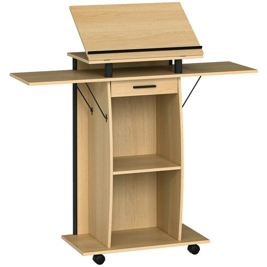 HOMCOM Rednerpult Podium mit Rädern, klappbaren Seitenflügeln, neigbarem Laptopständer, Podiumständer mit Schublade, Regal für Kirche, Vortrag, Klassenzimmer Eiche 126 x 37 x 136 cm   Aosom