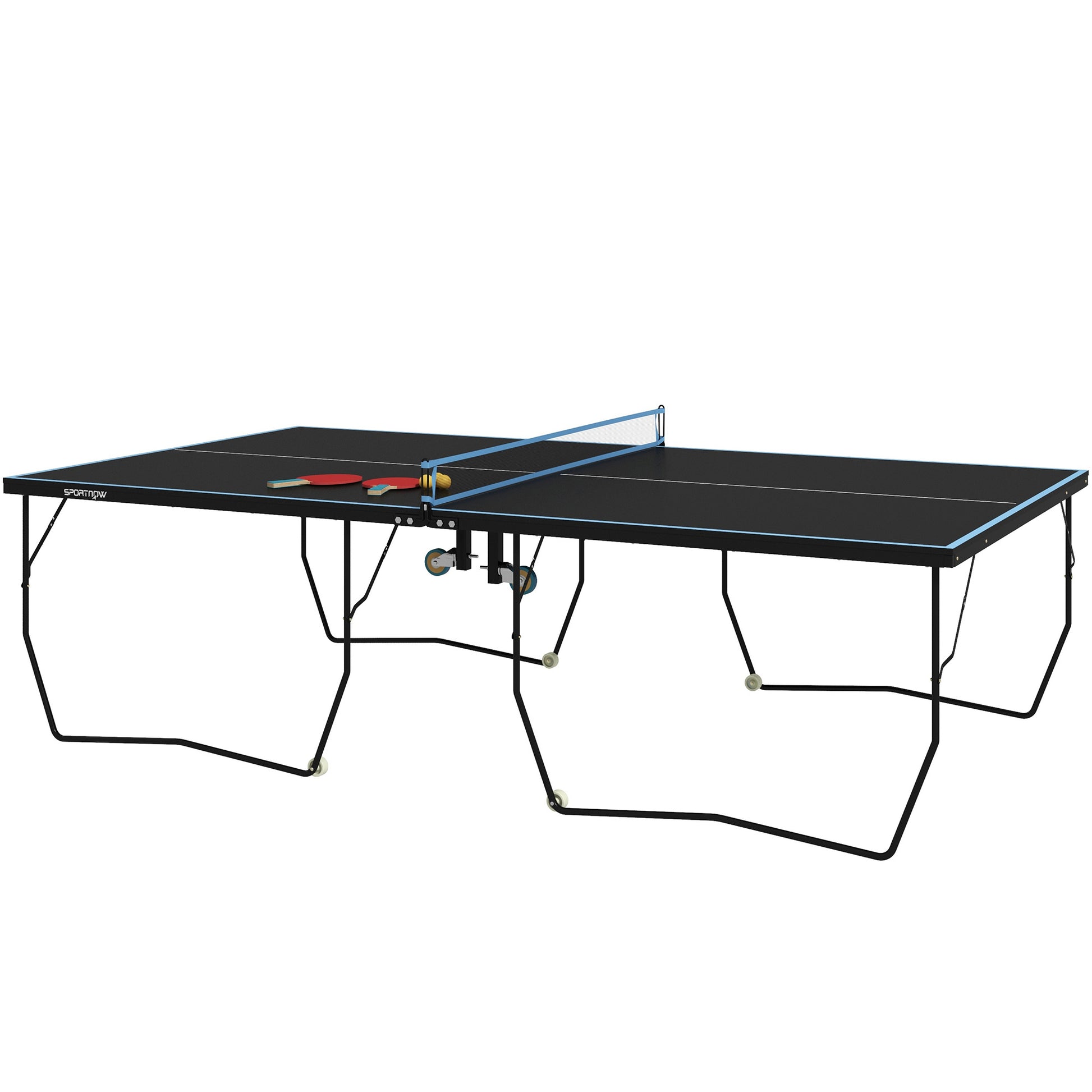 SPORTNOW Tischtennisplatte Outdoor, Klappbar Tischtennistsich mit Netz, Rollen, 2 Tischtennisschlägern und 3 Bällen, Stahl, Schwarz, 274 x 152,5 x 76 cm   Aosom