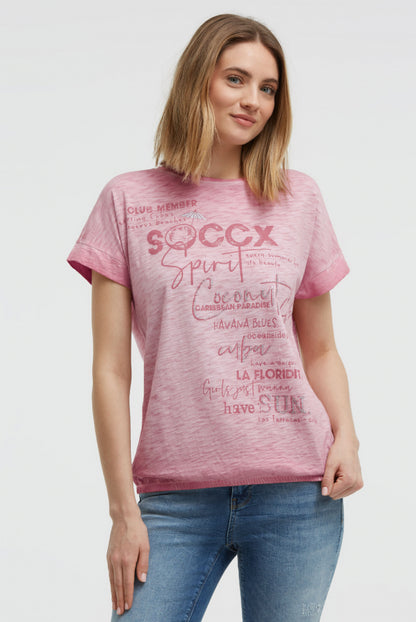 SOCCX Oversized Shirt mit Artwork und Elastiksaum - beachy red