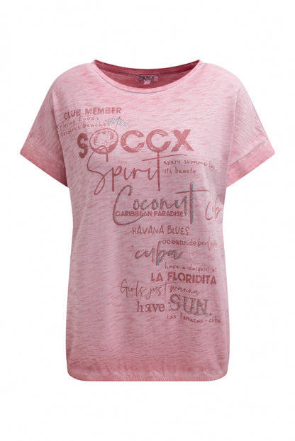 SOCCX Oversized Shirt mit Artwork und Elastiksaum - beachy red