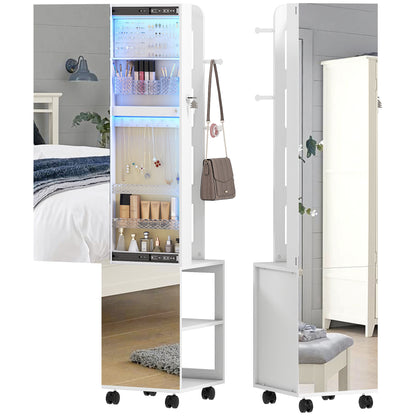 HOMCOM Schmuckschrank mit LED-Lichtern, Schmuckschrank mit 360°-Drehung, Stehender Schmuckschrank mit Ganzkörperspiegel, Schloss und Schlüssel, Fächer, Oberfläche Weiß und Futter Beige   Aosom