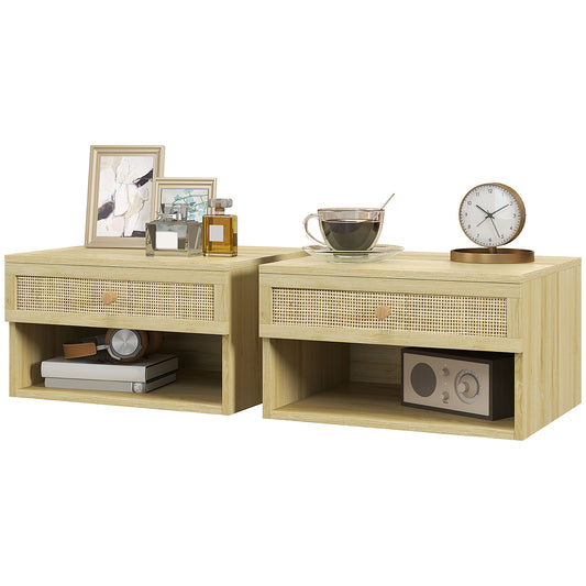 HOMCOM Set von 2 bohemischen Wandnachttischen Nachttisch - ausziehbare Schublade, Fach, Regal - Holz mit geflochtener Rattanfront Maße 40L x 34B x 23H cm   Aosom