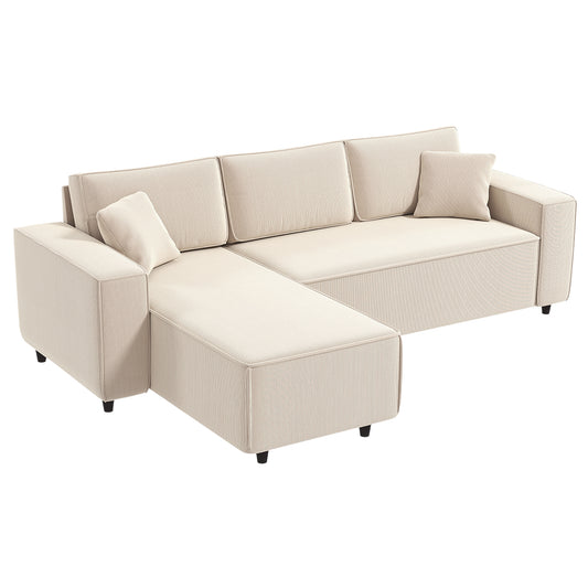 HOMCOM Ecksofa 3-Sitzer Sofa in L-Form Eckcouch mit Umkehrbarer Chaiselongue 2 Kissen Federpolster, Polsterecke aus Cordstoff Wohnlandschaft für Wohnzimmer Schlafzimmer 241x153x83 cm Cremeweiß   Aosom