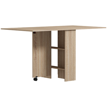 HOMCOM Klapptisch mit Rollen, 2 klappbare Tablettablagen und 2 integrierten Regalen - 140 x 80 x 74 cm Natur   Aosom
