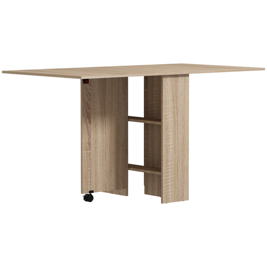 HOMCOM Klapptisch mit Rollen, 2 klappbare Tablettablagen und 2 integrierten Regalen - 140 x 80 x 74 cm Natur   Aosom
