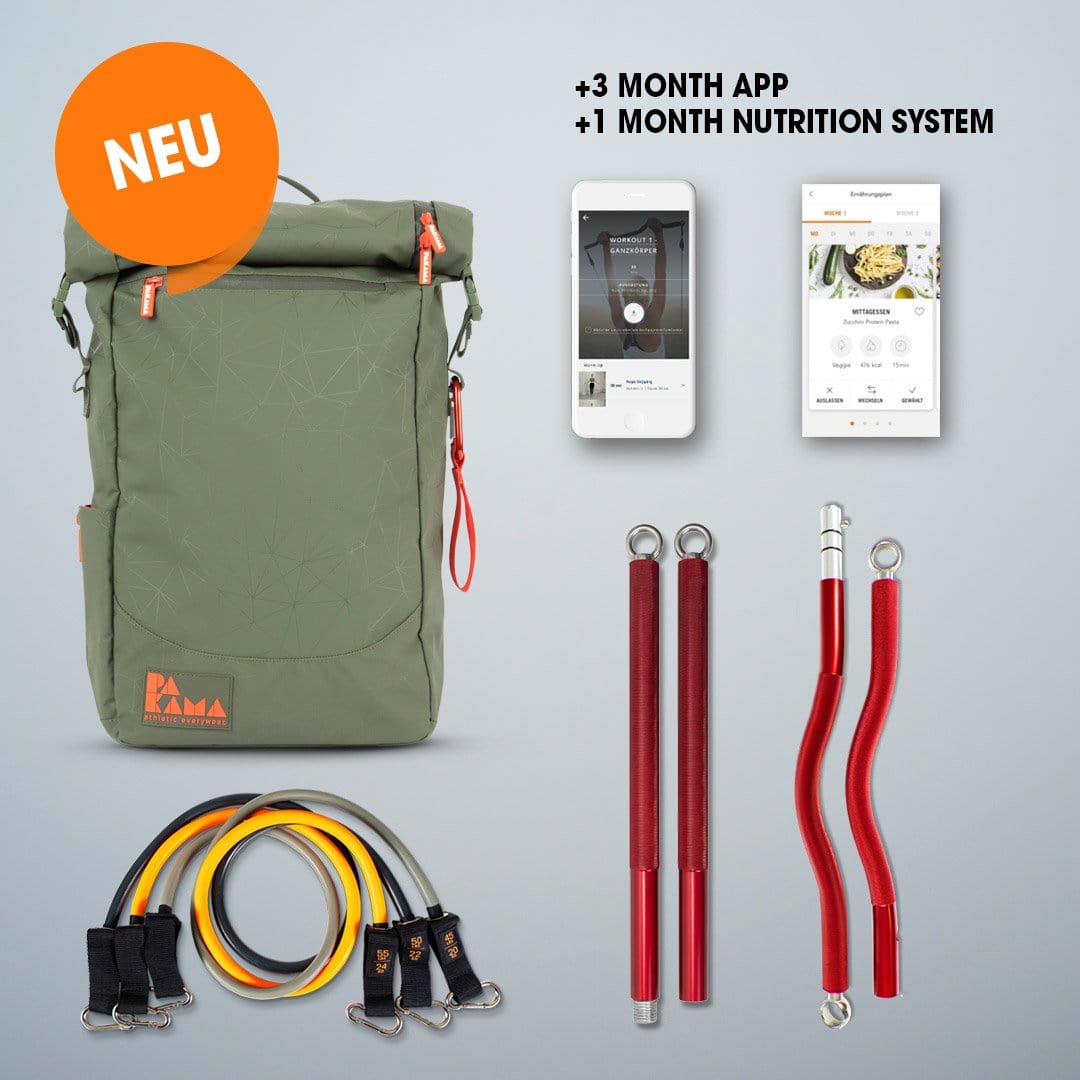 Fitnessstudio to Go (+3 Monate App), SZ Bar, Bands, Nutrition System 1 Monat - GOTHAM Green 2 Bars  + Extreme Bands