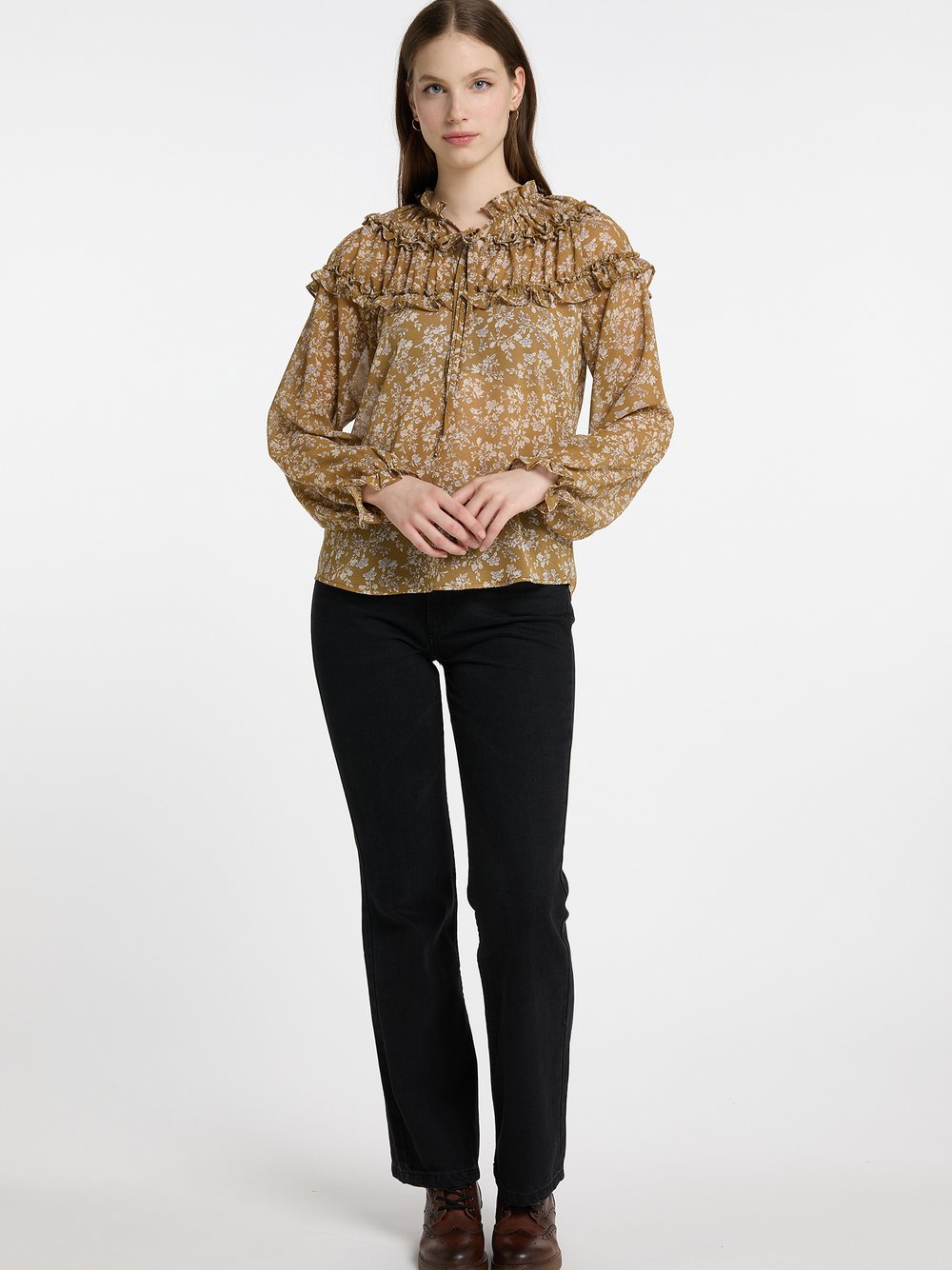 Dreimaster Rüschenbluse Damen bedruckt