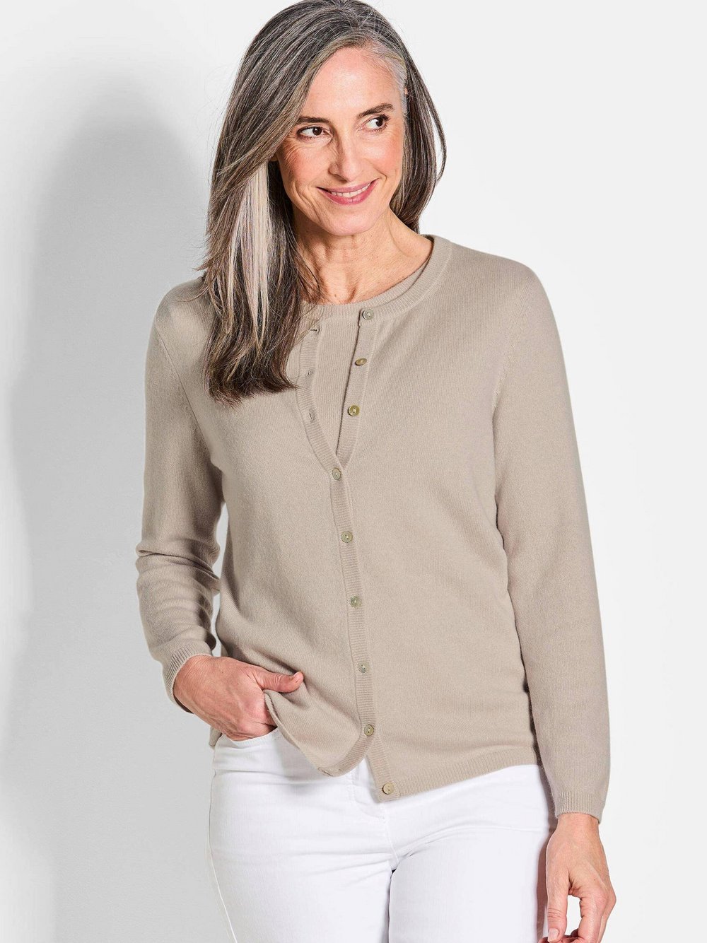 Goldner Kaschmirstrickjacke mit Rundhalsausschnitt Damen Cashmere