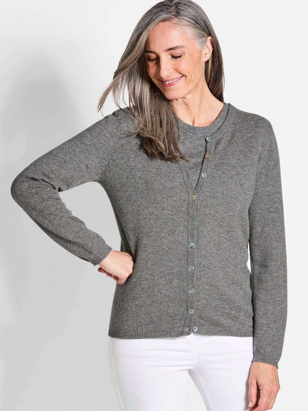 Goldner Kaschmirstrickjacke mit Rundhalsausschnitt Damen Cashmere