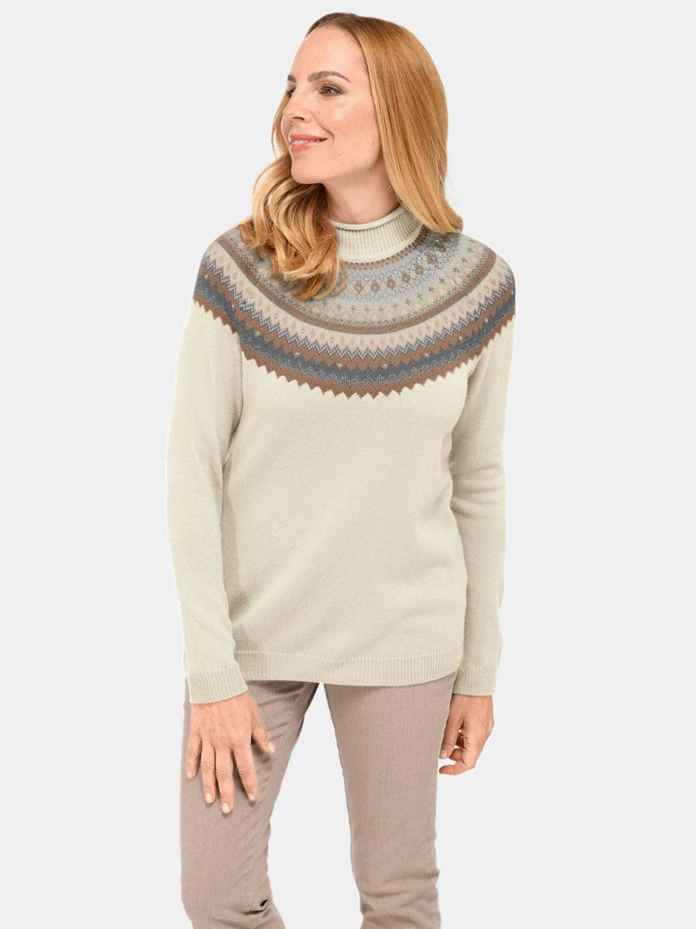 Goldner Pullover Damen Schurwolle gestreift