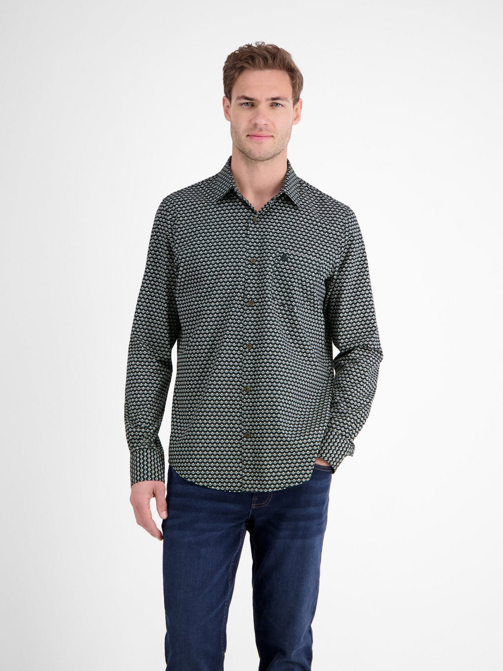 LERROS Langarmhemd Herren Regular Fit Baumwolle gemustert