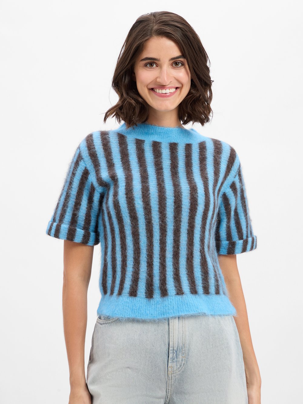 american vintage Kurzarm-Pullover mit Alpaka-Anteil Damen Wolle gestreift