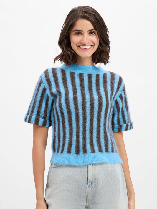 american vintage Kurzarm-Pullover mit Alpaka-Anteil Damen Wolle gestreift