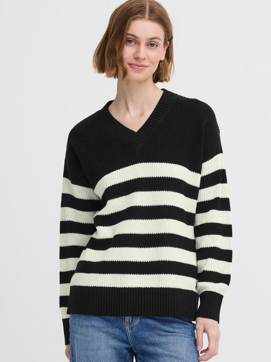 OXMO V-Ausschnitt-Pullover Damen Baumwolle gestreift