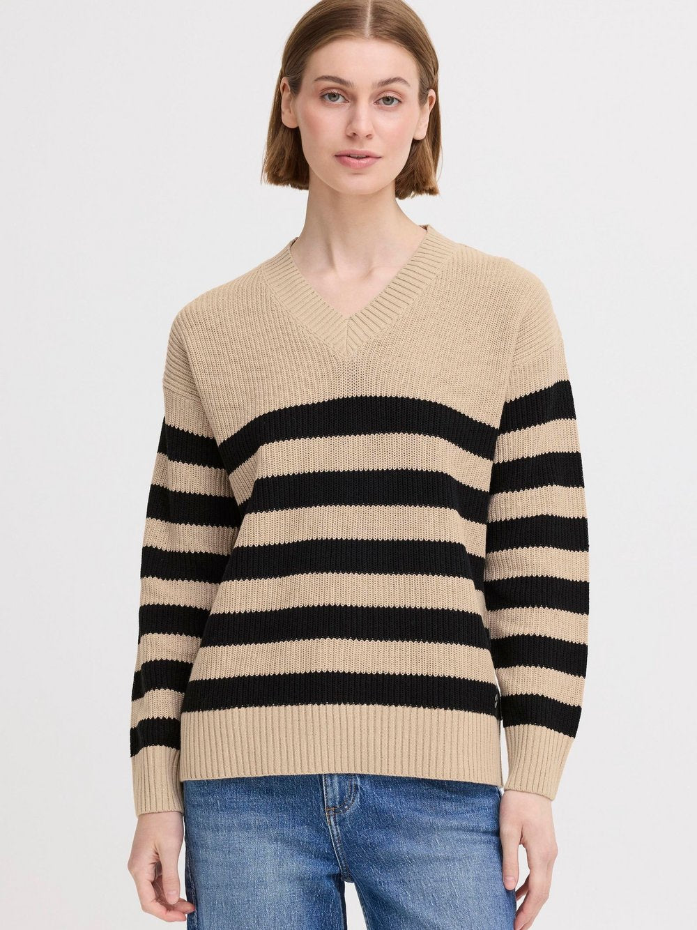 OXMO V-Ausschnitt-Pullover Damen Baumwolle gestreift