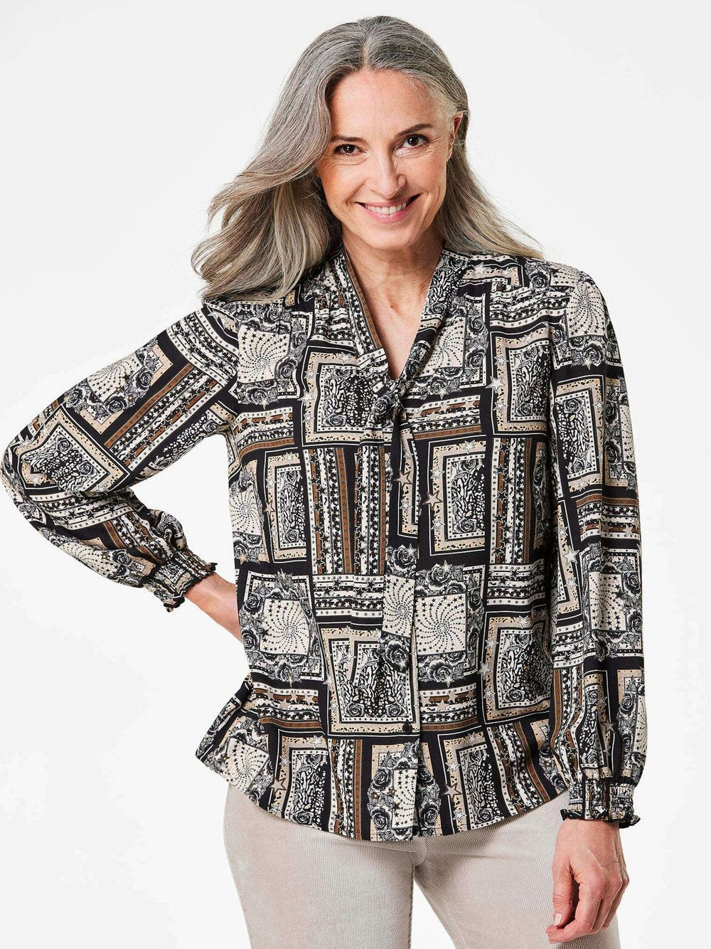 Goldner Druckbluse Damen Viskose gemustert