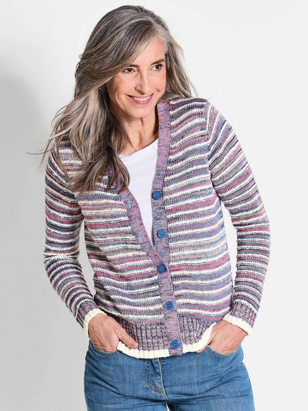 Goldner Strickjacke Damen Baumwolle gestreift