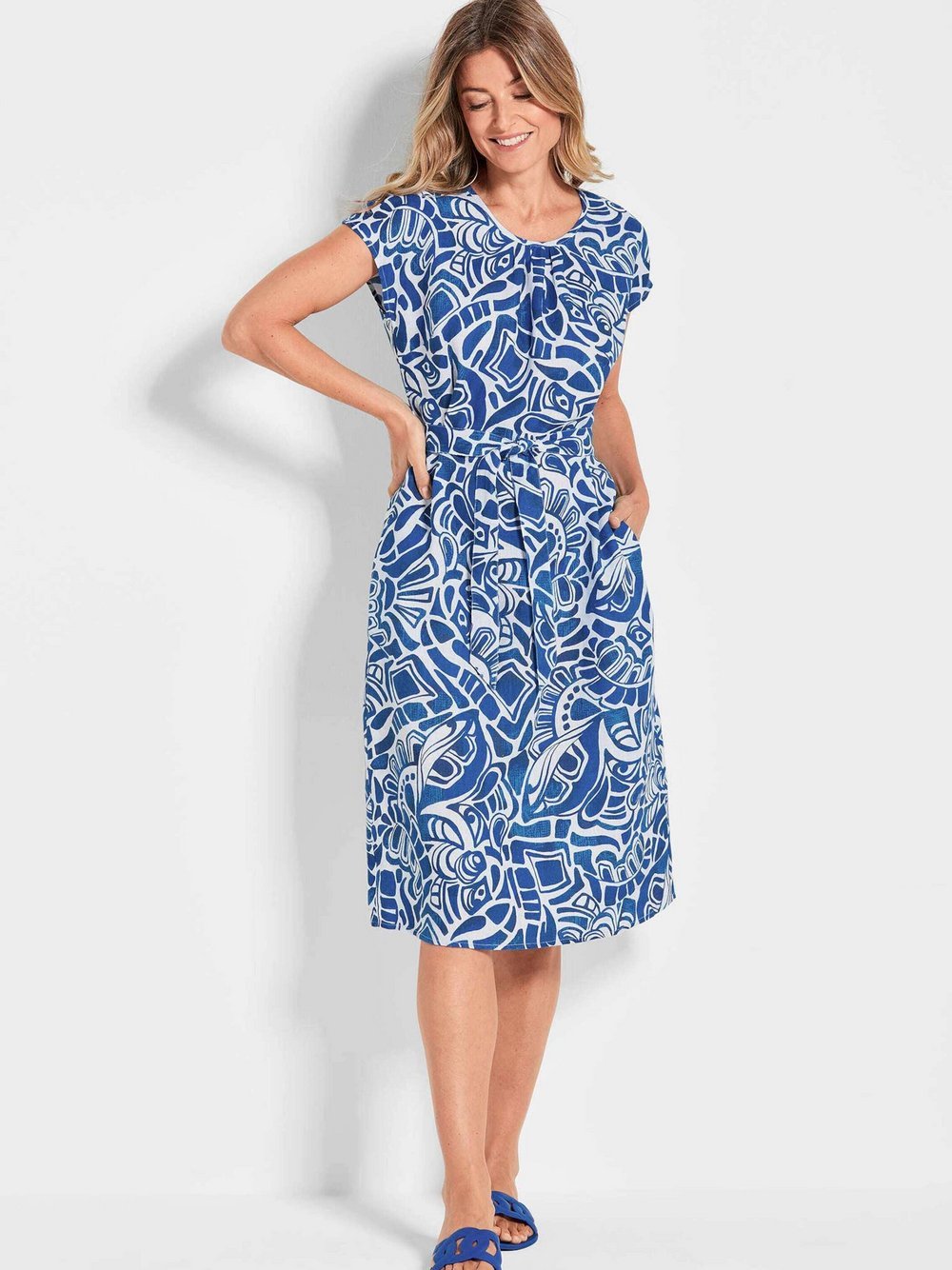 Goldner Druckkleid Damen Leinen gemustert