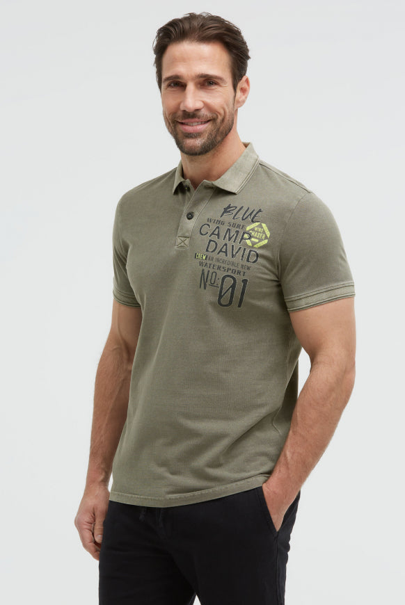 CAMP DAVID Pikee-Polo mit 3D-Tippings und Prints - desert olive